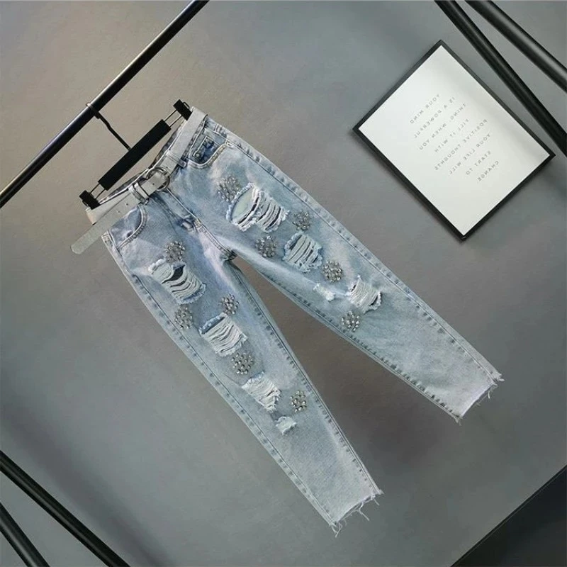 

Women's Ripped Jeans 2026 Summer New European Style Loose Fit Slimming Cropped Cigarette Pants with Diamond Embellishments