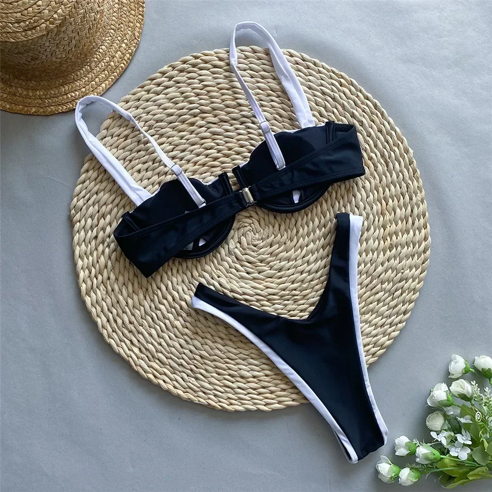 Contrast Colors Black Bikini Push Up Sexy Micro Thong Swimsuit Women 2025 Underwired Swimwear High Cut Bathing Suit Bikinis Sets