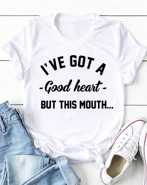 2026 Fashion New Women Round Neck Short Sleeve Graphic Tee I'VE GOT A Good Heart BUT THIS MOUTH Slogan Print Casual Basic Top Tee