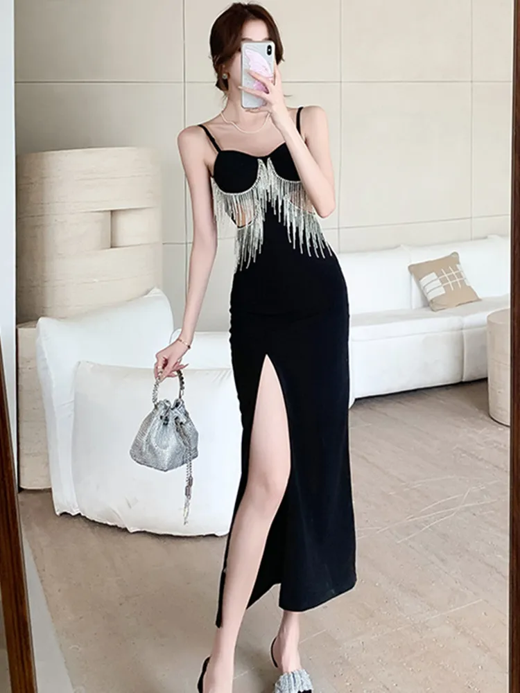 High-end Exquisite Rhinestones Tassel Hollow out Evening Party Prom Drress Summer Sexy Strapless High Open Fork Bodycon Dress