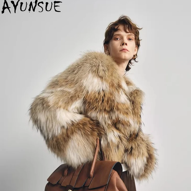 Abrigos de Piel de Mapache AYUNSUE para Mujer, Chaqueta Corta con Cuello de Piel de Zorro, Abrigo de Piel Elegante y de Lujo, Ropa de Mujer para Invierno