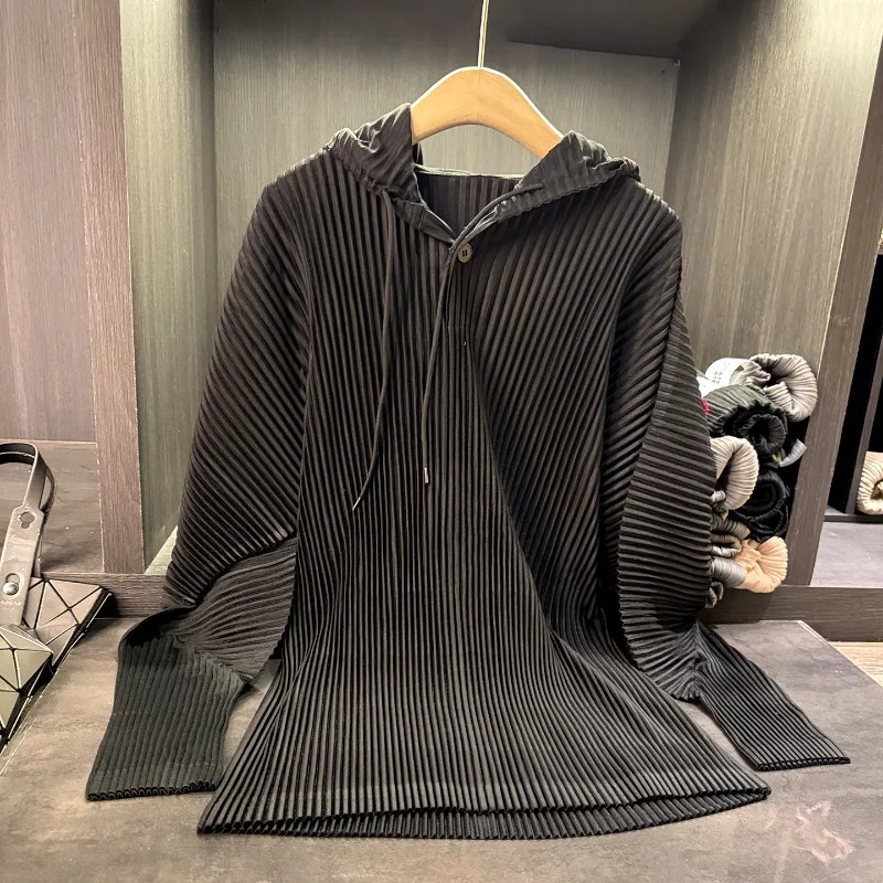 

Осенние топы Miyake, женские плиссированные однотонные свободные толстовки с капюшоном и шнурком, простая повседневная женская одежда