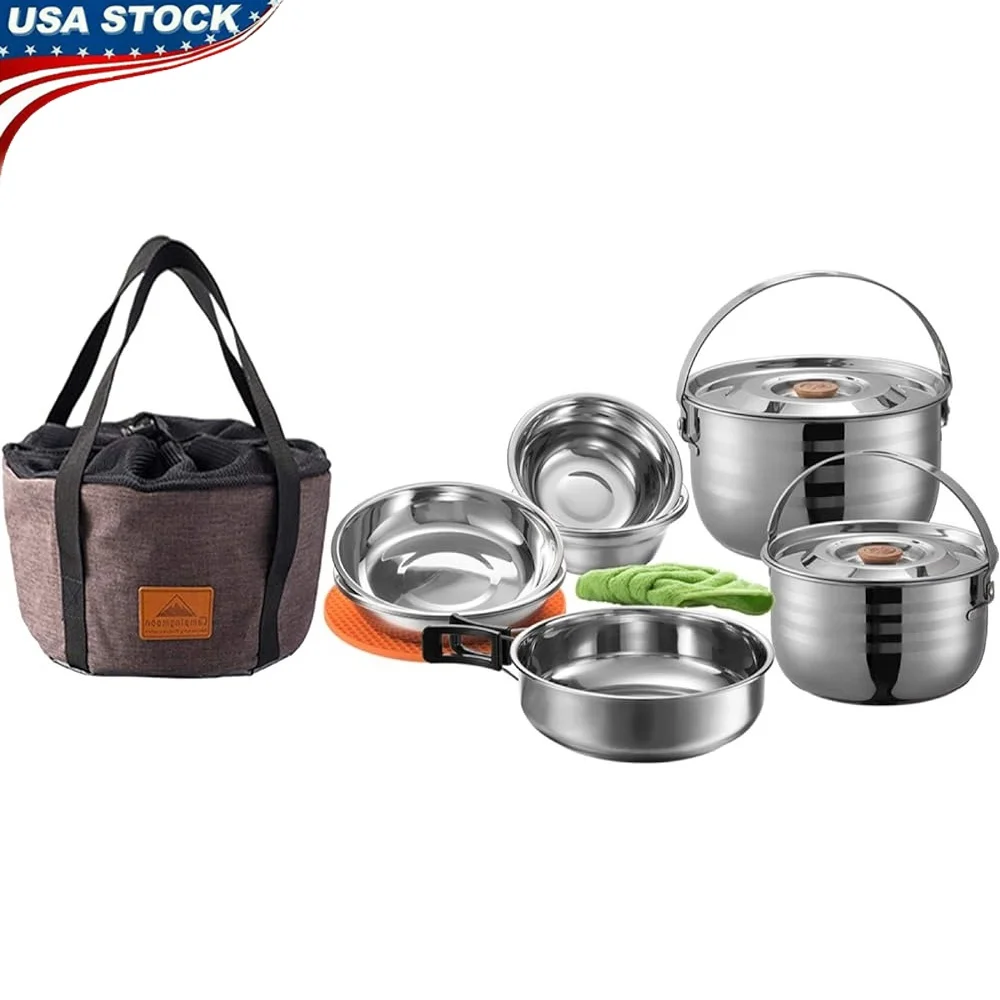 

Stainless Steel Camping Cookware Set 13pcs Outdoor Nesting Cooking Kit Pots Pans Bowls with Storage Bag