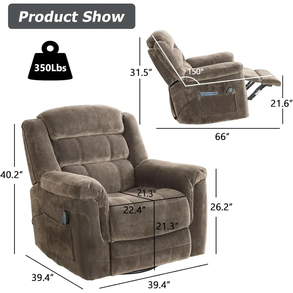 Oversized Swivel Rocker Chair with Massage and Heat Recliner, Brown