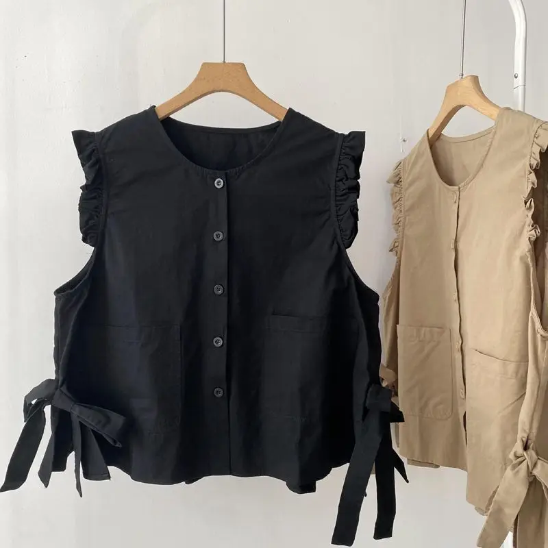 Fashionable Ruffle Bow Tie Vests Summer Fashion Thin Sleeveless