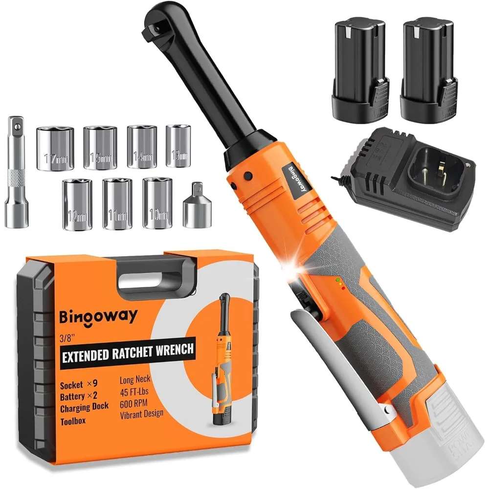 

Набор удлиненных электрических ключей с трещоткой 3/8, комплект беспроводных ключей с трещоткой с длинной горловиной 45 футов и 2 батареями, светодиодная подсветка, 9