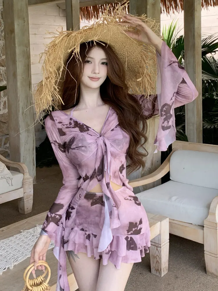 

Korean Japanese Style Women's Swimsuit 2026 New Split Four Piece Set Thermal Spring Swimming Outfit Tummy Covering ...