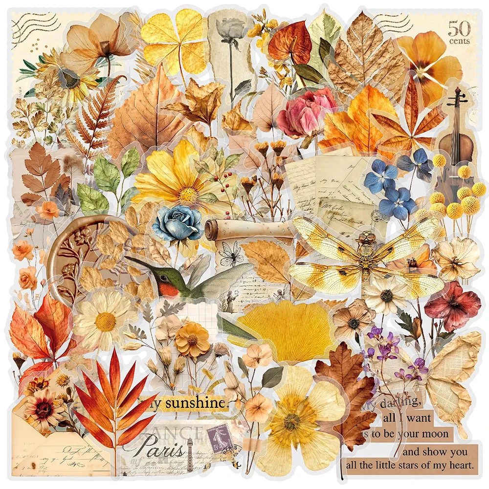 10/30/50 Stück Transparente Retro-Kunst Getrocknete Pflanzen- und Blumenaufkleber Ästhetische Graffiti-Aufkleber DIY Notizbuch Gitarren-Dekoration Sticker
