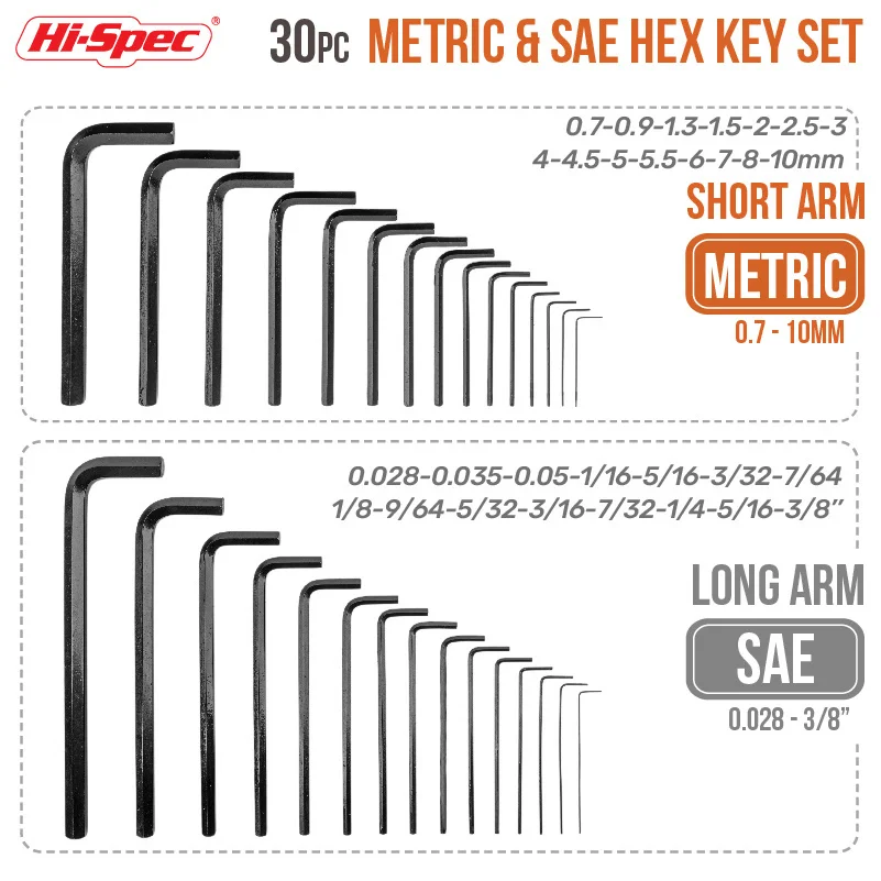 Imagem -05 - Oi-especs 30 Peças Hex Chave Allen Conjunto de Chaves S.a.e Tamanho Métrico l tipo Chave Cr-v Chave Sextavada Aço Chave Longa Curto Braço Conjunto de Ferramentas