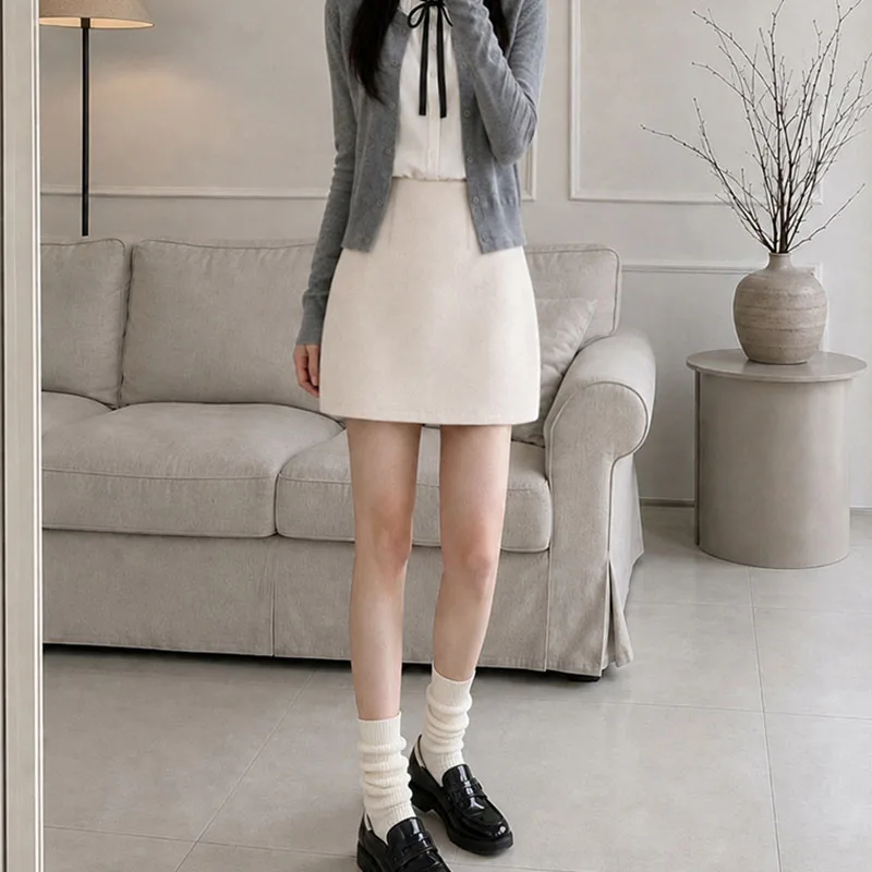 Solid Color Thicken Woolen Skirts Female 2026 Autumn Winter High Waisted Zipper Mini Skirts Korean Slimming A-line Short Skirt