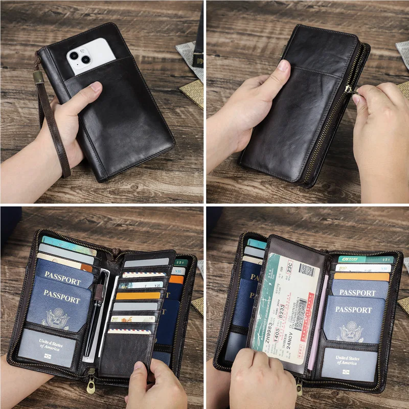 HTS-MC1029 RFID Anti Magnetic Travel Family Passport Storage Bag with Multifunctional Zipper and Genuine Leather Passport Bag