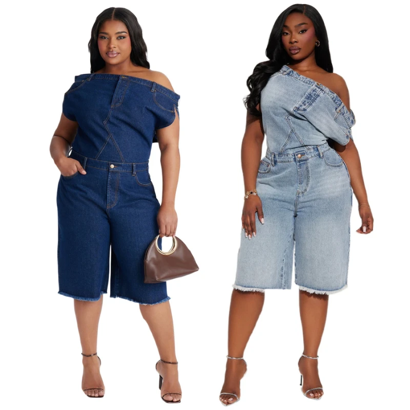 Jumpsuits Women Denim One Piece Short Sleeve Overalls Knee Length Pants Tight Waist Rompers Y2k Streetwear Slash Neck 2026