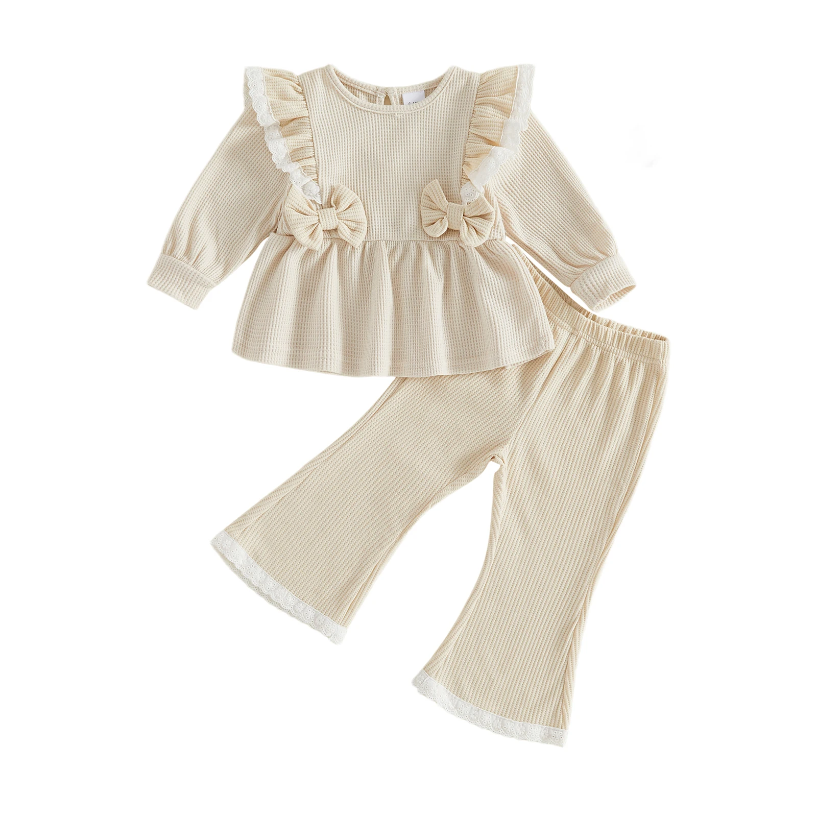 2027 Early Autumn Toddler Baby Girls 2 Piece Outfits Adorable Lace Trim Long Sleeve Crew Neck Tops Flared Pants Children's Sets