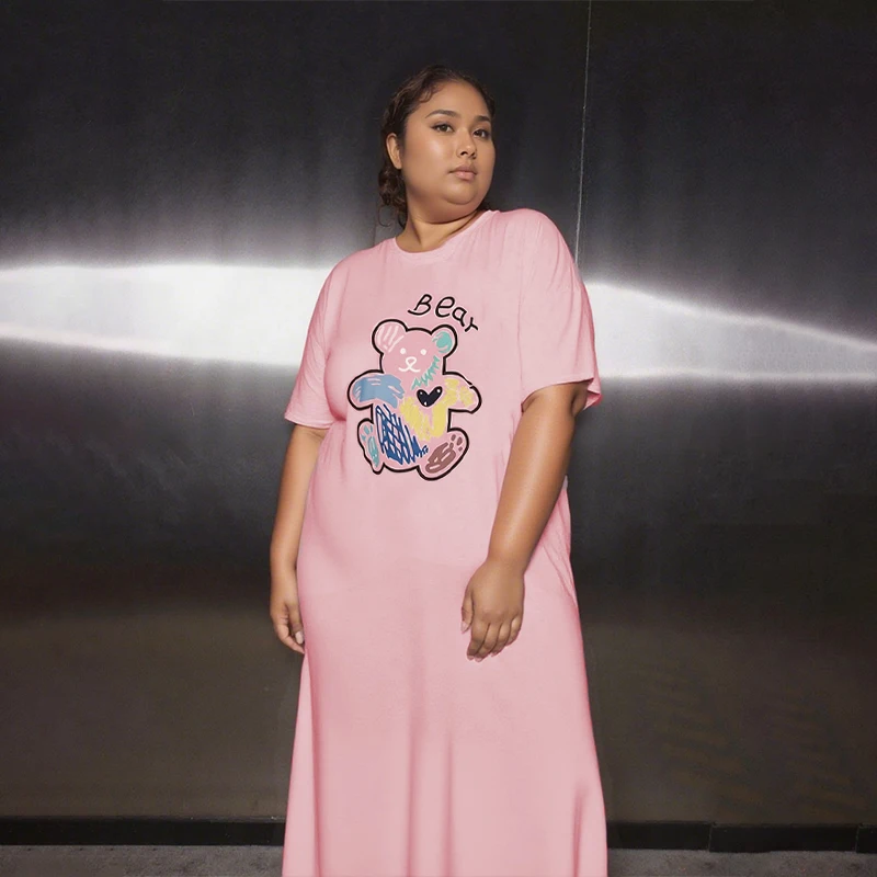 【بيجامة بمقاس كبير】150 كجم يمكن ارتداؤها فساتين نوم طويلة كبيرة الحجم للنساء مقاس كبير وأكمام قصيرة ورقيقة ملابس منزلية فضفاضة