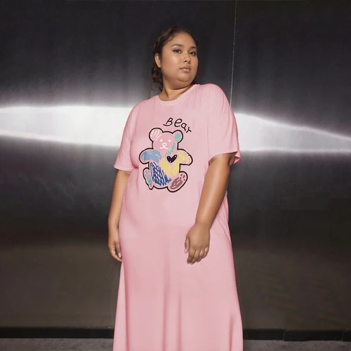 Imagen 2 del producto Vestido de pijama de talla grande para mujer, camisón holgado de gran tamaño de 40-150kg, ropa de dormir maxi de manga corta suave y fino con estampado de oso