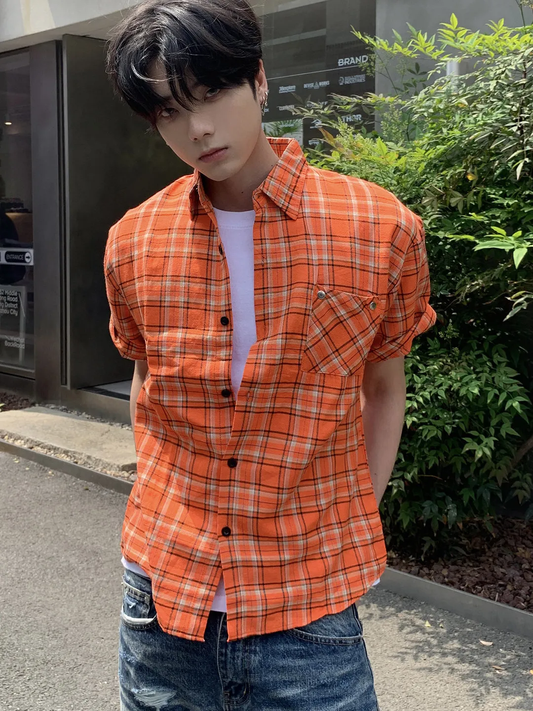 American Retro Orange Plaid Short Sleeve Men's Casual High-End Shirt Jacket Loose Fit Breathable Comfortable Summer Fashion