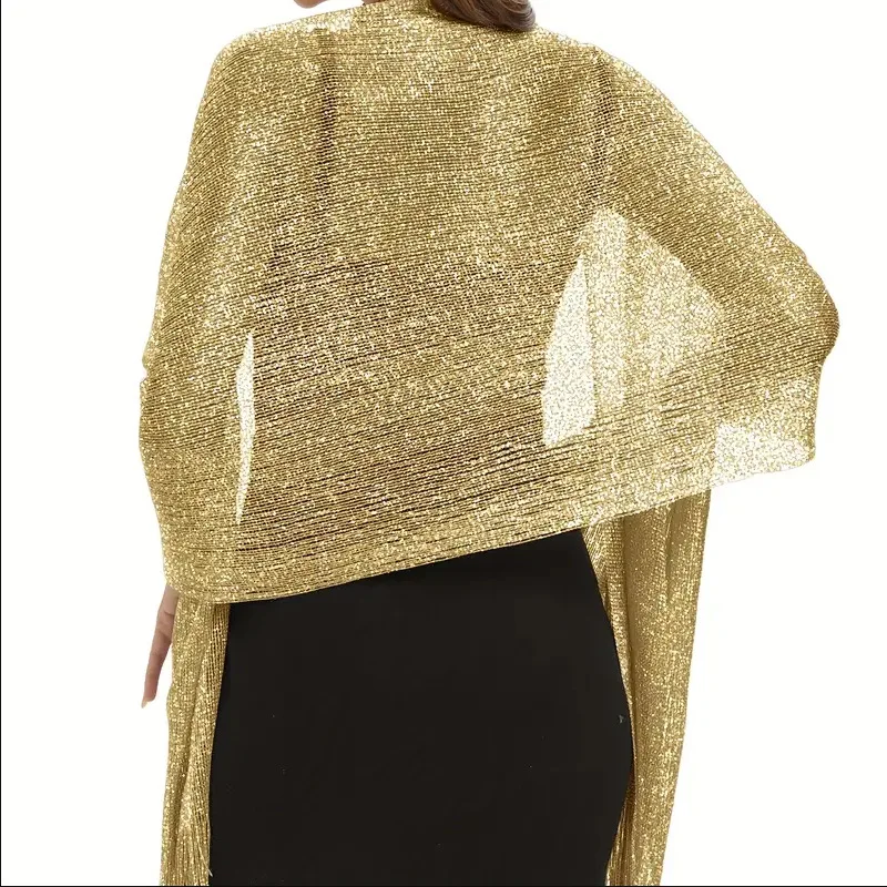 Women Shiny Gold Silver Sunscreen Shawl Hijab Lace Tassel Scarf Fashion Bright Wrap For Evening Party Dress view 4