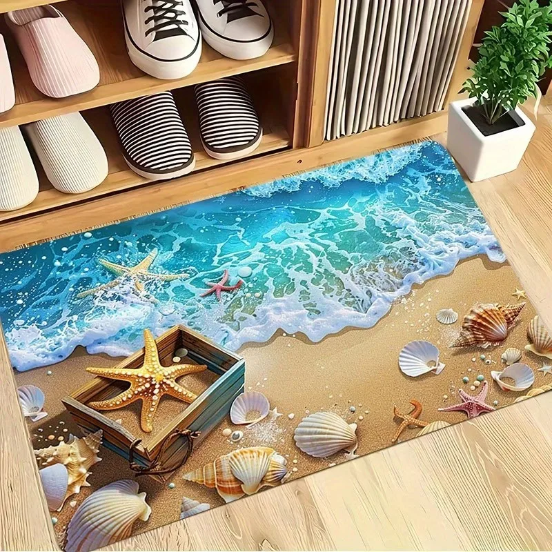 Coastal Beach Ocean Wave Doormat Seashell Starfish Front Door Mat Realistic Nautical Entryway Rug Summer Home Floor Carpet