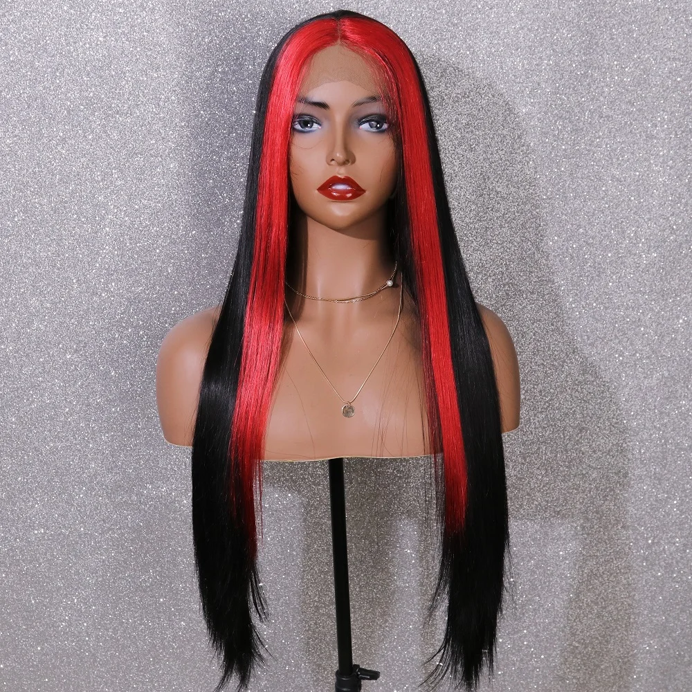 

Highlight Red Synthetic 30Inch Wig Straight Transparent 13X4 Lace Front Black Color Drag Queen Cosplay Wigs For Women 180% Aiva