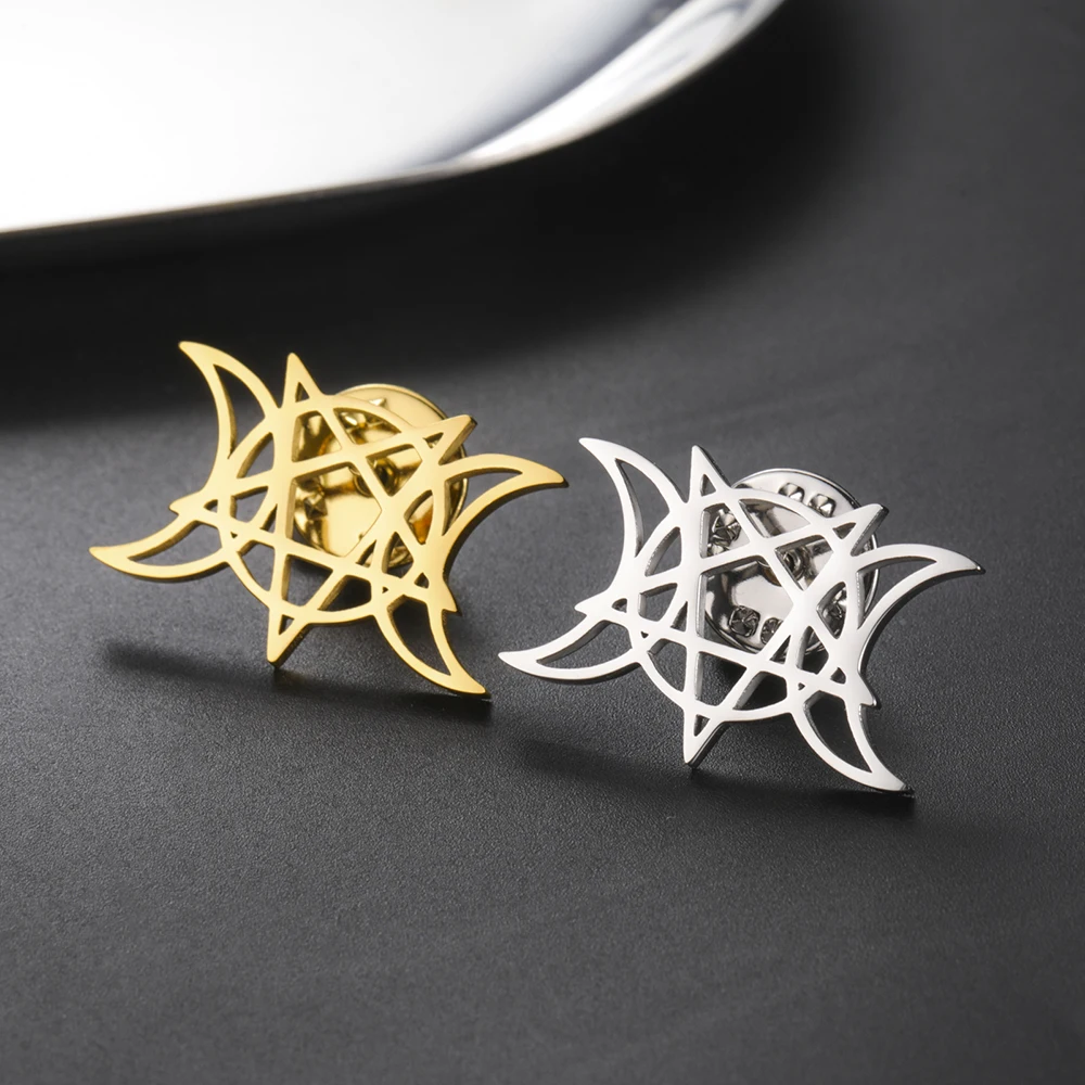 1PC Triple Moon Pentagram Brooch Pins Wiccan Moon Goddess Symbol Protection Talisman Stainless Steel Jewelry