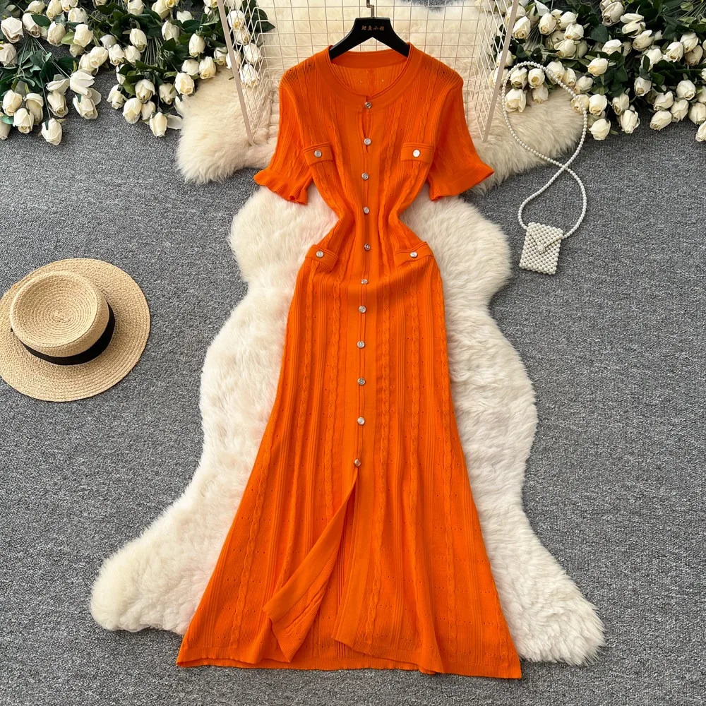 YuooMuoo Marke Modisches Elegantes O-Ausschnitt Strick-Maxikleid Luxuriöse Knöpfe A-Linie Geschlitztes Langes Strickkleid Damen Party Vestidos
