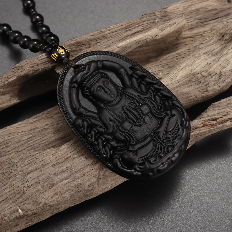 Exquisite Charm Faux Obsidian Carved Guanyin Pendant Beaded Necklace Vintage Patronus Amulet Necklace for Men and Women