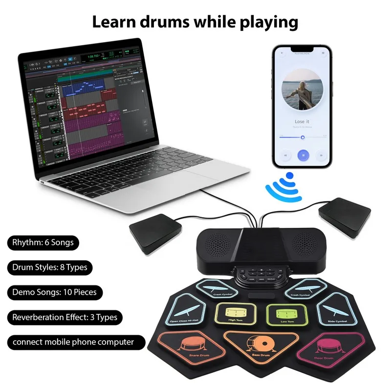 Electronic Drum Set with Dual Speaker Hand Roll Drum Set Ultra Thick 9 Pads Supports BT MIDI Various Audio Connection