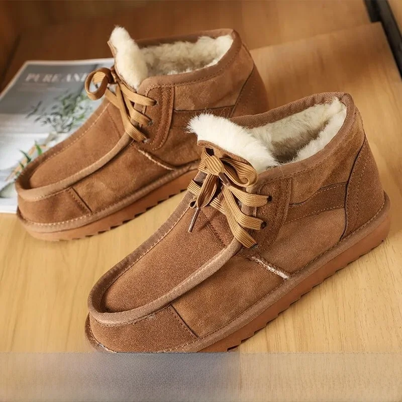 

Genuine Wool High Top Snow Boots Couple Style Leather And Fur Integrated Warmth Fashion Snow Boots British Style Low Heel