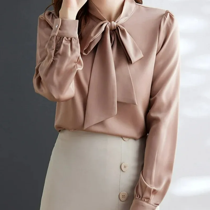 New 2024 Lace Up Blouse for Women New Fashion Office Ladies Long Sleeve Tops Vintage Casual Pullover Slim Cozy Chic Shirts