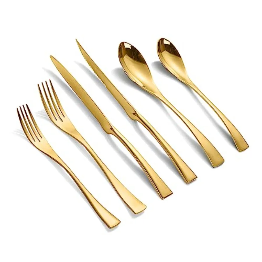 

24-Piece Gold Silverware Set with Steak Knives for 4 Forged 18/10 Stainless Steel Cutlery Set Modern Heavy Duty Flatware Utensi