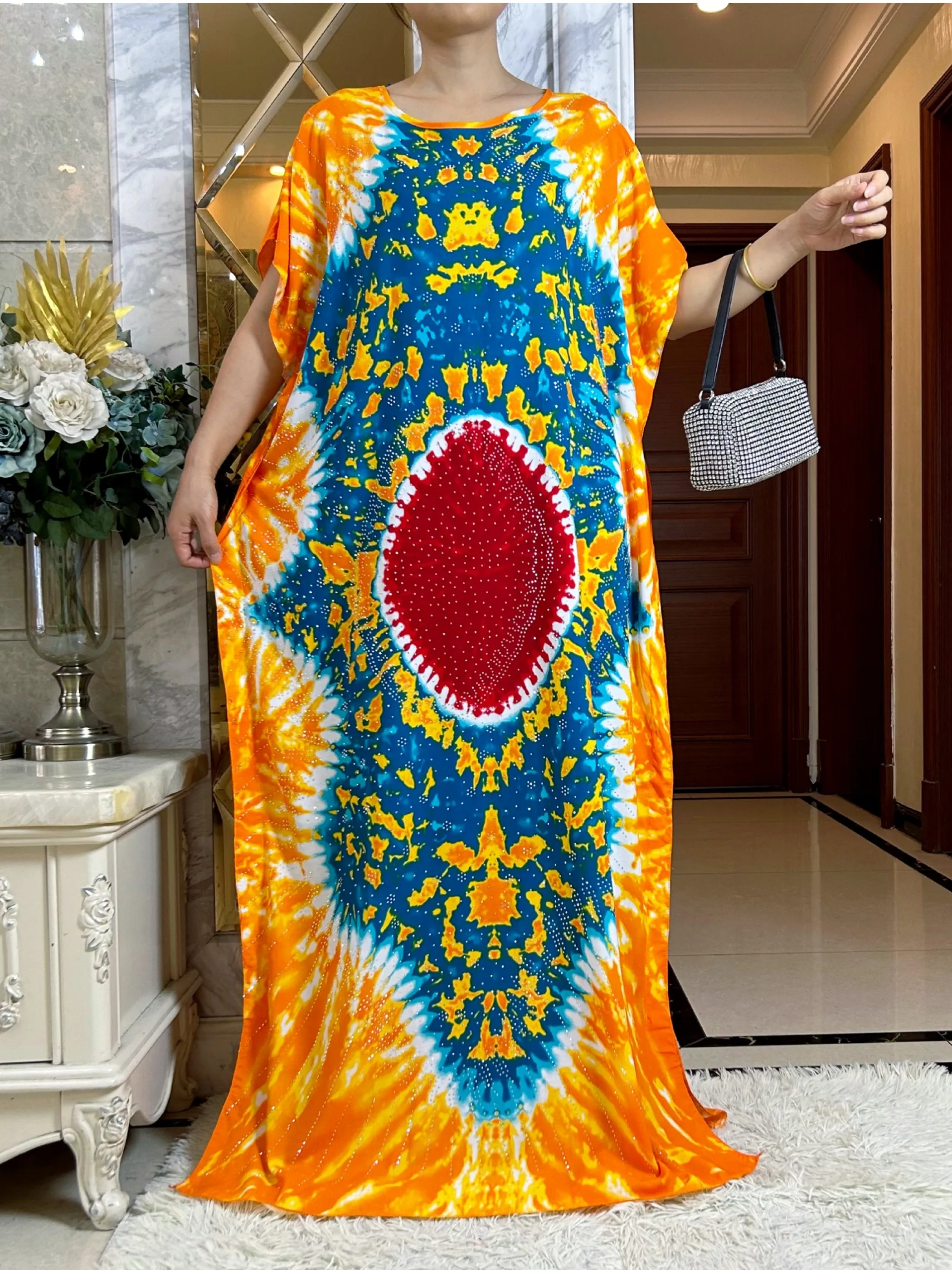 2024 Latest African Women Summer Short Sleeve Dubai Abaya Diamonds Printed Cotton Maxi Muslim Femme Loose Dress With Large Scarf