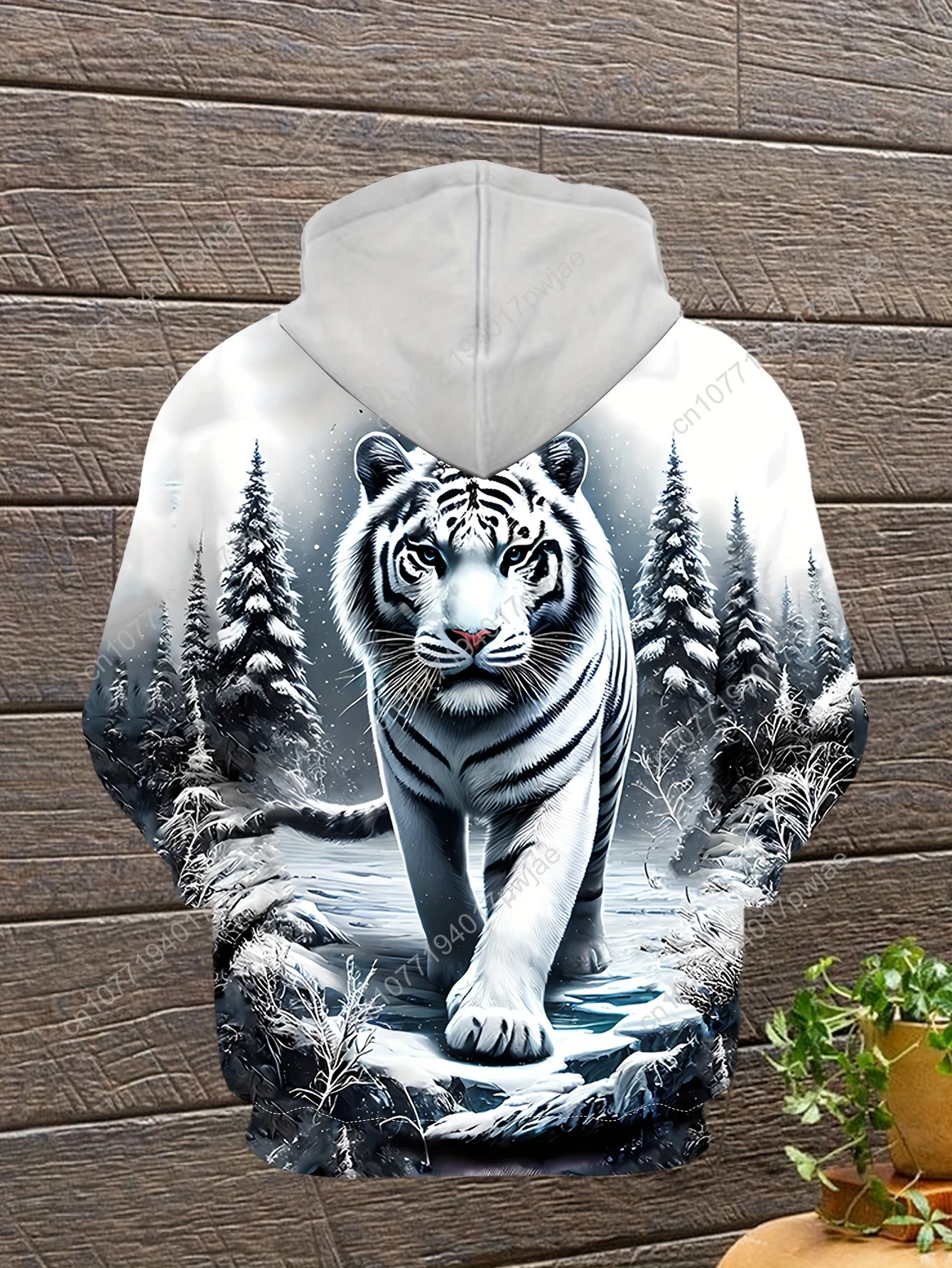Men's 3D Ice Snow World White Tiger Graphic Hoodie - Long Sleeve Casual Pullover with Drawstring Pocket, Winter Forest Print S