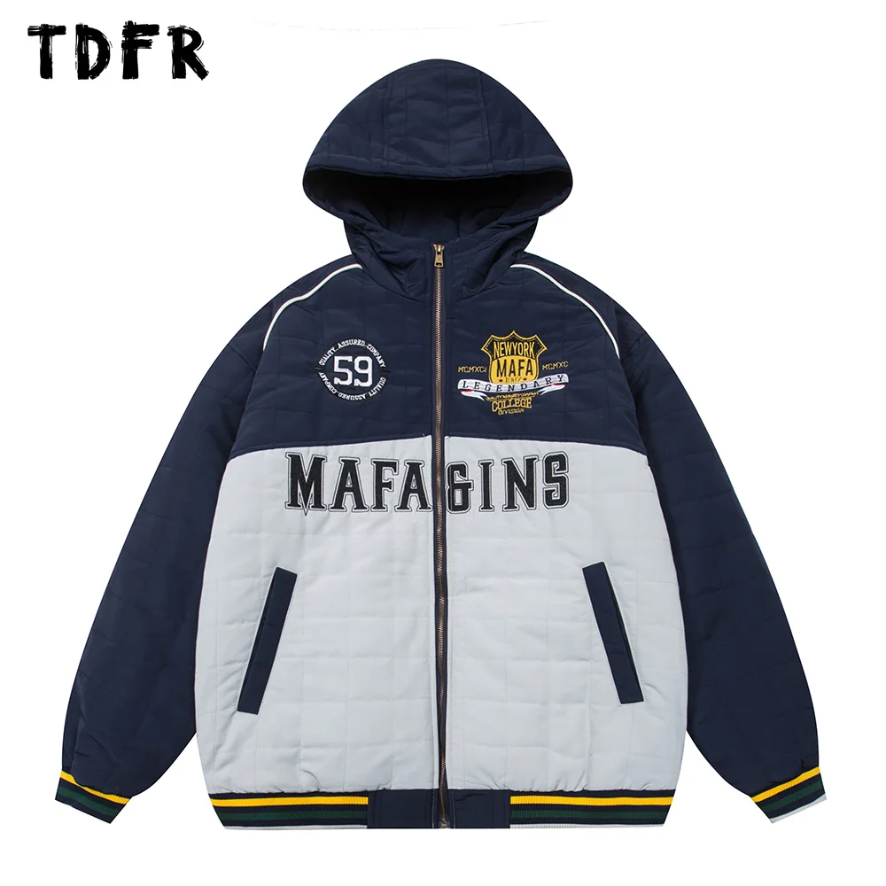 Contrast Paneled Hooded Quilted Jacket Mens Letter Embroidery Winter Thick Retro Streetwear Loose Long Sleeve Padded Jacket