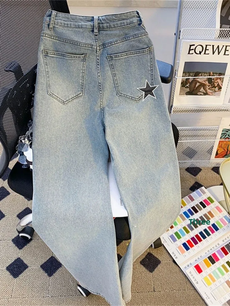 Retro Star Print Casual Jeans Loose Fit for Men And Women Summer Slimming Wide Leg Pants High Waist Long Trousers Denim Blue