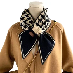 Warm Cashmere Neck Tie Scarf for Women Plaid Neckerchief Knitted Scarfs Long Skinny Small Scarves Bandana Female Foulard