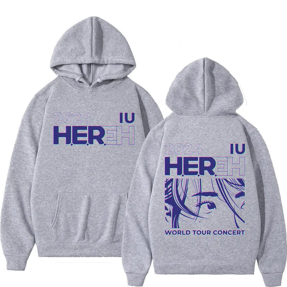 Kpop IU HEREH World Tour 2024 Double Sided Print Hoodie Fashion Trend Retro Pullovers Men Women Casual Long Sleeve Sweatshirts