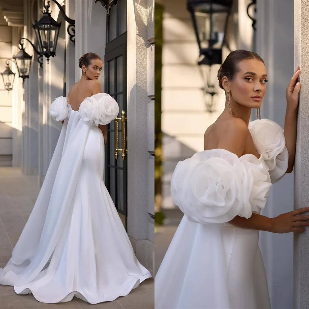 Customized  Mermaid Exquisite Wedding Dress Modern Strapless Heavy Industry Wedding Dresses Simple White Satin Prom Dre