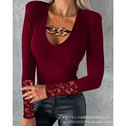New Women's Long-Sleeved Slim Fit Printed Solid Lace T-shirt 2023 Spring Autumn T-shirt Top Women's Sexy V-neck Pullover T-shirt