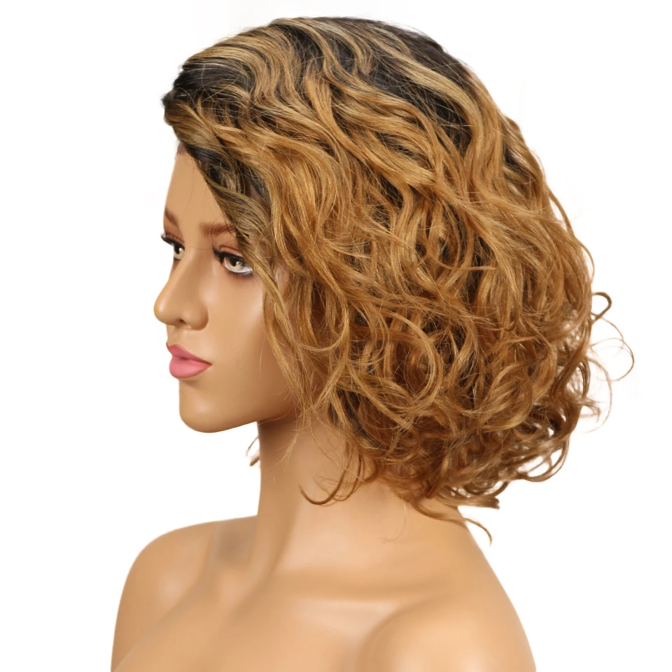 Lekker Short Wavy Bob Human Hair Lace Wig For Women Brazilian Remy Hair Glueless Ombre Gold Blonde Curly Colored Ready Wear Wigs