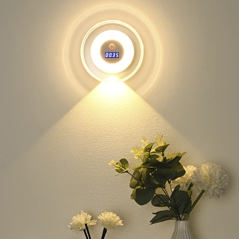 LED Motion Sensor Night Lights LED USB Rechargeable Lamp with Digital Clock for Bedroom Kitchen Stair Decoration Lighting