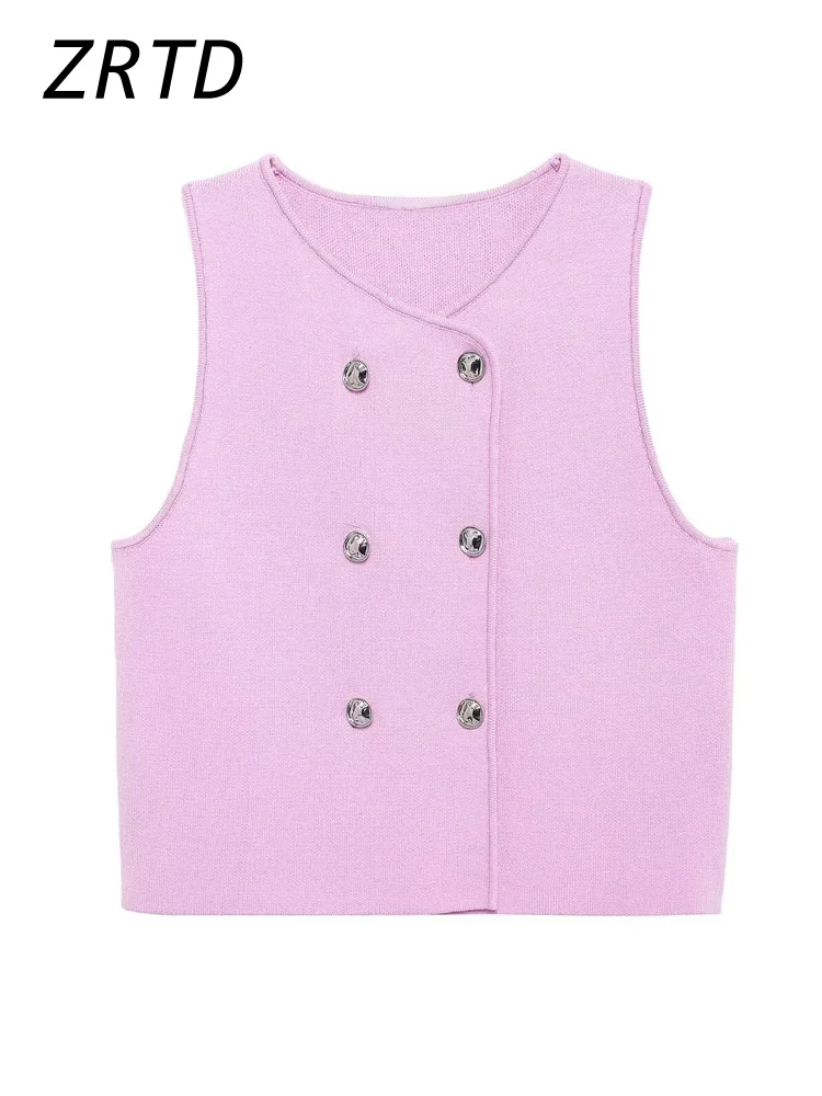 Casual Knit Pink Crop Vest Women Slim O-neck Sleeveless Double Breasted Waistcoat 2024 Summer Autumn Lady High Street Tank Tops