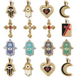 3pcs/Lot French Stone Hamsa Hand Eye Stainless Steel Necklace Pendant Women Enamel Heart Cross Earring DIY Charms Moon Jewelry