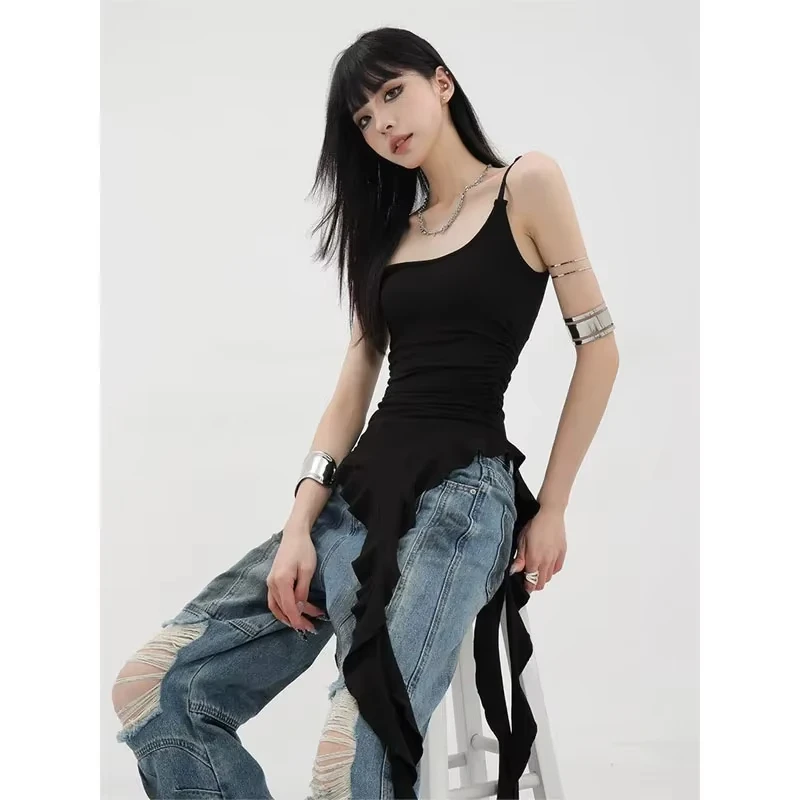 

MEXZT Y2K Irregular Black Tank Top Women Grunge Aesthetic Sexy Backless Camis Gyaru Streetwear Korean Tees Summer Design Tanks