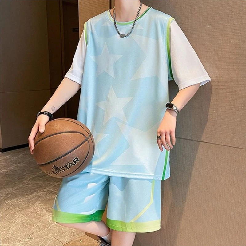 Summer New Teen Boys Basketball Jersey Set Short Sleeve Quick Dry Sportswear Casual Athletic Shorts Suits