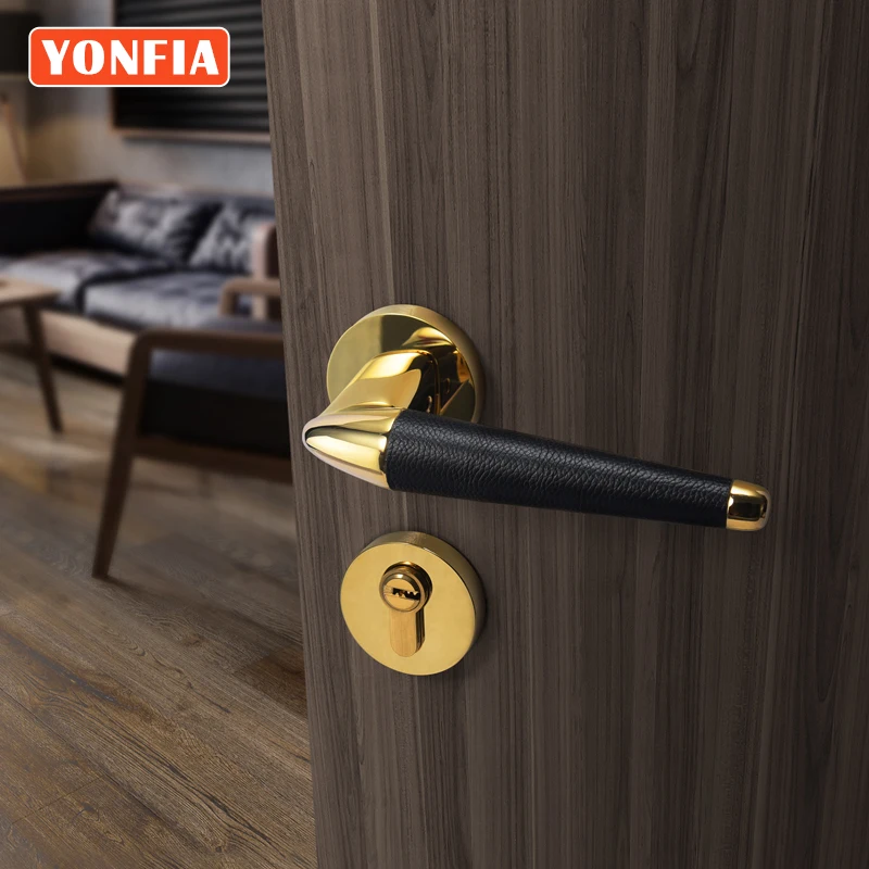 

YONFIA 8083R01 Luxury Gold Leather Interior Door Handle Lock Shiny Golden Zinc Alloy Indoor Door Handle With Leather For Bedroom