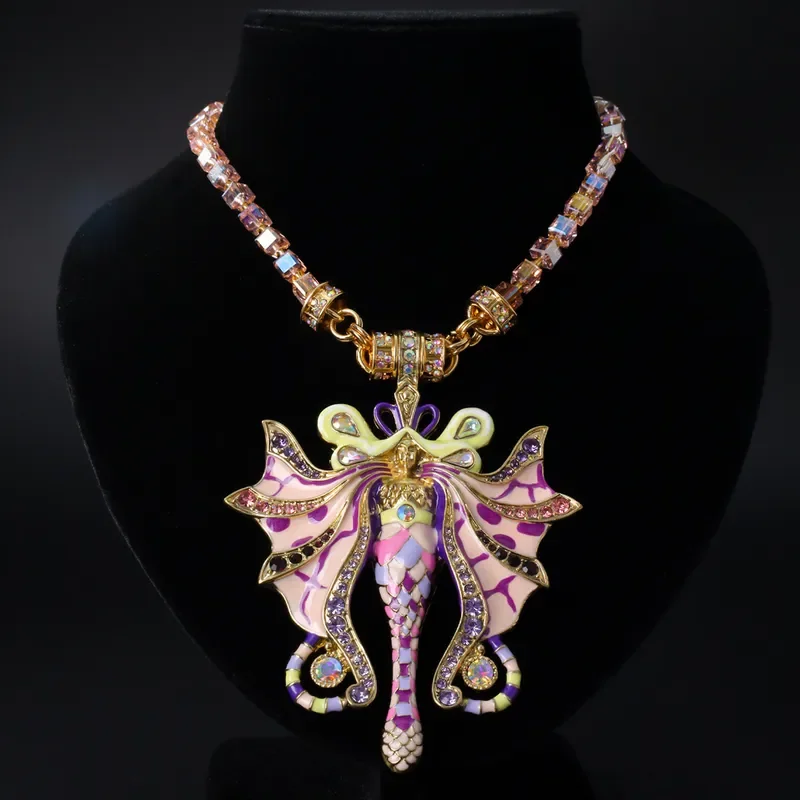 Medieval vintage pink purple enamel necklace Czech diamond butterfly fairy shape niche magnetic necklace
