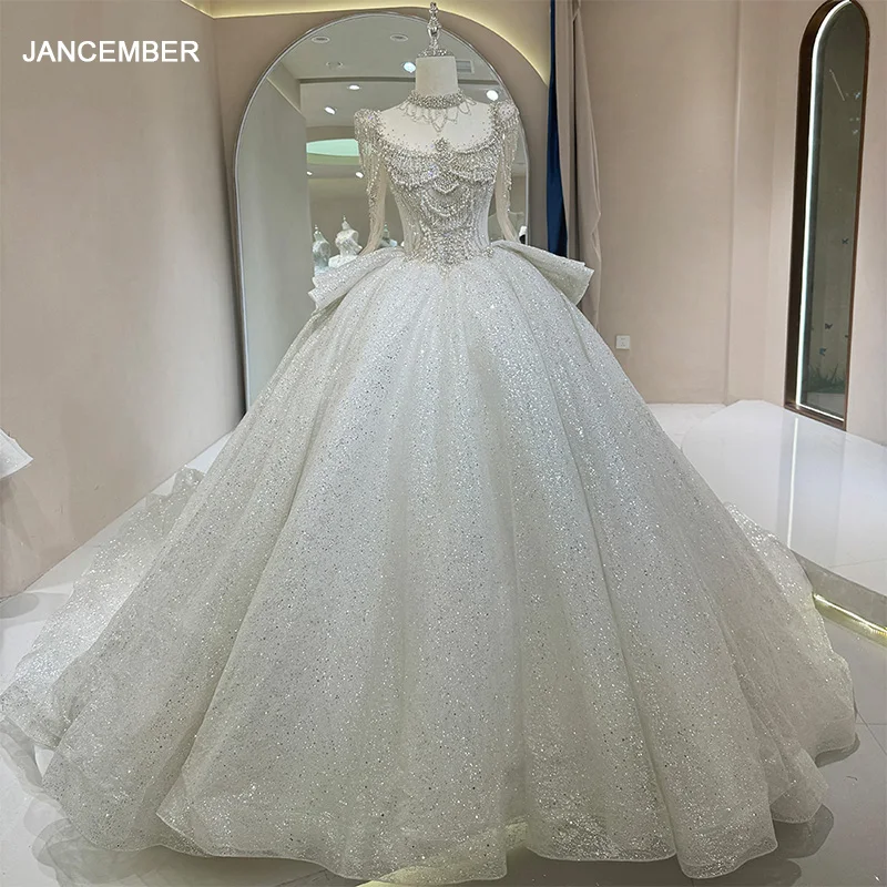 

Tassel Customized Exquisite Wedding Dress Sheer O Neck Lace Beaded Sequins Long Sleeves Bride Dresses Vestidos De Noiva