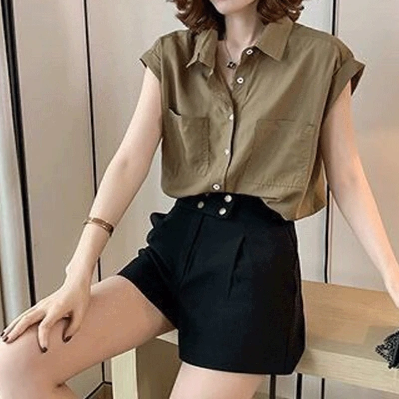 2023 Women\'s Summer Loose Sleeveless POLO Collar Single Breasted Panel Pocket Solid Color Short Fashion Casual Versatile Blouse