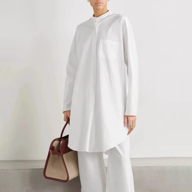 

American mat Faion Commute Long Sve Loose Tailored irt Stand Collar Midi Length Women's Comfortable Breathable ...