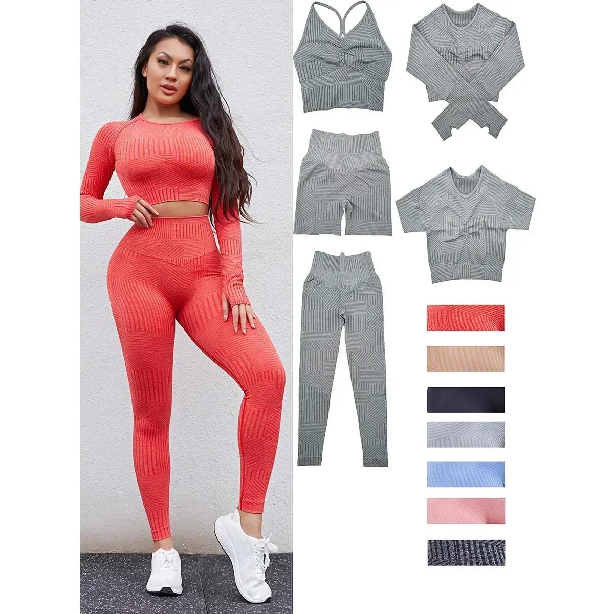 

Seamless Yoga Sets Sports Fitness High Waist Peach Hip-Lifting Pants Stripe Long-Sleeved Suit Workout Gym Leggings Set for Women